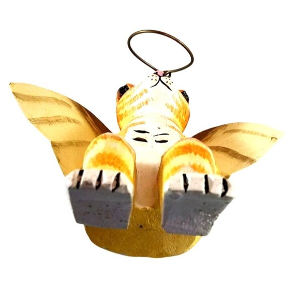 Folk Art Handcrafted Angel Cat Shelf Sitter Yellow & White With Wings 6x5.5" - Picture 7 of 13